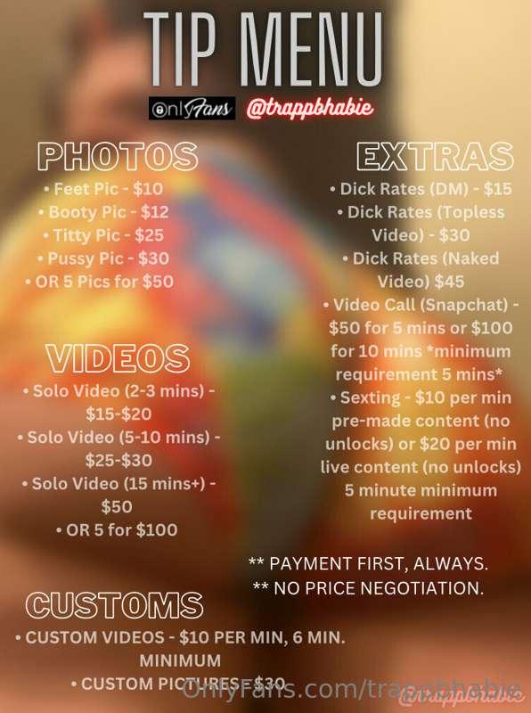 Tip Menu! 
No need to ask, find it here 😈