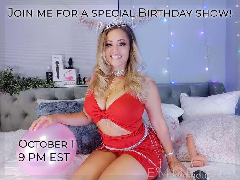 Join me next Friday for a very special Birthday Show! 🎉🥳
We'll have cake and get messy together with my new squirting dildo 💦😊
http://emmetorx.cammodels.com at 9 PM EST
See you there! 🥰