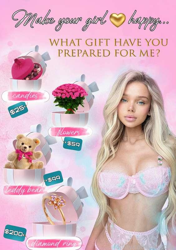 𝐌𝐚𝐤𝐞 𝐲𝐨𝐮𝐫 𝐠𝐢𝐫𝐥 𝐡𝐚𝐩𝐩𝐲 𝐭𝐡𝐢𝐬 𝐖𝐨𝐦𝐞𝐧'𝐬 𝐃𝐚𝐲 💕💕💕
What gift have you prepared for me? 🙈

🍬 𝗖𝗮𝗻𝗱𝗶𝗲𝘀 - $𝟮𝟱 
🌹 𝗙𝗹𝗼𝘄𝗲𝗿𝘀 - $𝟱𝟵
🧸 𝗧𝗲𝗱𝗱𝘆 𝗯𝗲𝗮𝗿 - $𝟵𝟵
💍 𝗗𝗶𝗮𝗺𝗼𝗻𝗱 𝗿𝗶𝗻𝗴 - $𝟮𝟬𝟬

For each gift you will receive an exclusive bundle!
The more generous the gift, the more special and naughty the gratitude 🥰😈🔥💓
