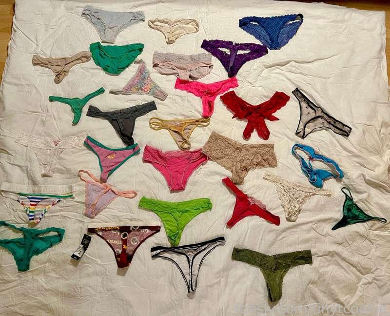Ok, so I've decided to start a "soft opening" of selling my used items. 
I'm going to start with panties. Let me know what style of panty you want, (thong, cheeky, etc.) Let me know if you want old or new panties. The panties in the top of the photo are older, stained, used more. Towards the bottom they are newer, some even with tags. 

Pricing:
$30 including priority shipping anywhere in the US. (international may be more)
This includes 5 pictures of me wearing them.
Video of me playing in them for an extra $5

Add ons:
$5-$10
Multiple day wear.
Wear at the gym.
Wear on a run.
Wear while using a vibrator.
Wear while using a dildo.
Pee play.
Stuff them.
Stuff them in public.
I don't know, use your imagination, let me know what you want and we'll go from there.

All add-ons come with extra photos.

Let's get kinky! 😈😈😈


