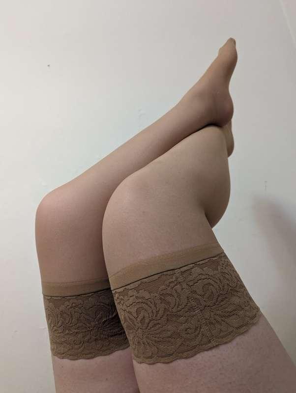 My first pair of nude lace stockings (no flash)