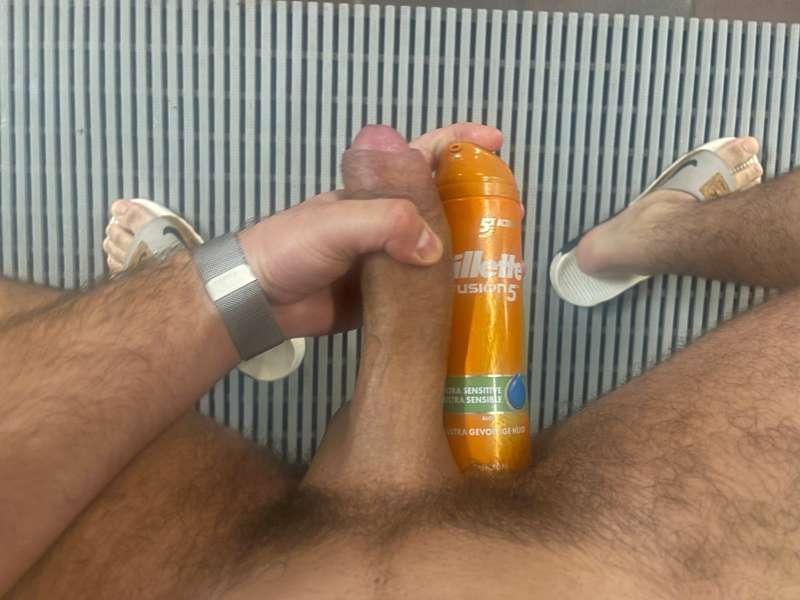 Can of shaving foam vs my giant cock in the locker room