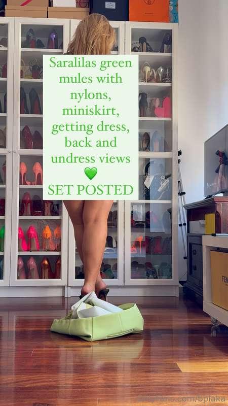 Saralilas green mules with nylons, miniskirt, getting dress,..
