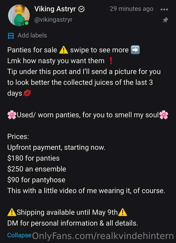 Looking for worn panties? 
I’m shipping them next week 
Go s..