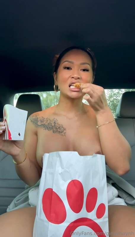 Got caught eating naked in public in the backseat of my car ..