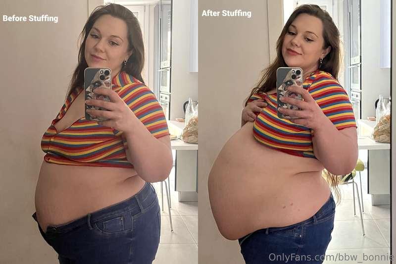 Look how ENORMOUS my gut is after stuffing!🥵🥵 Who wants to s..