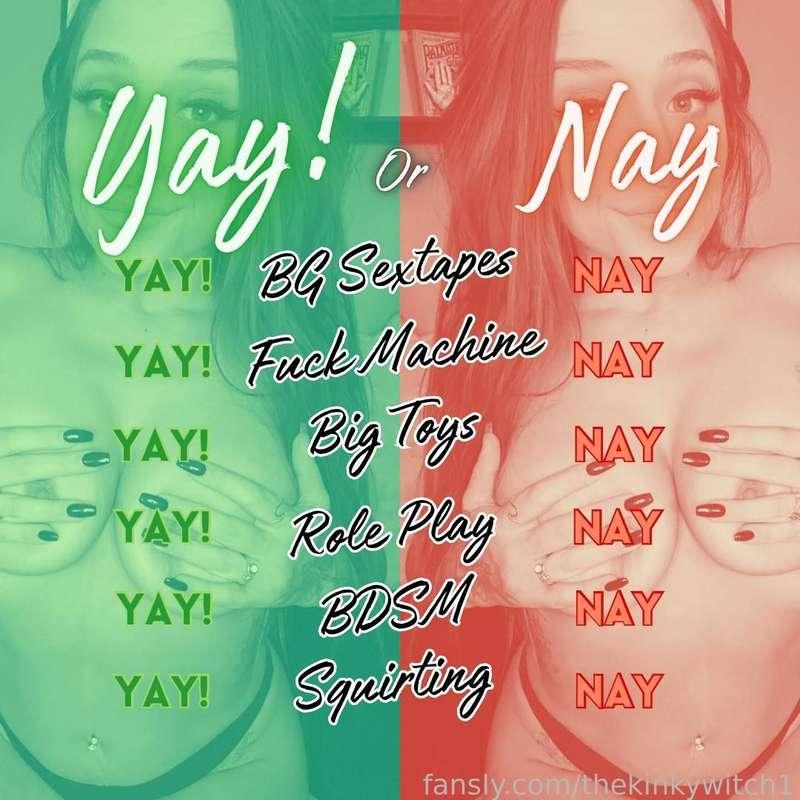 ❤️Let’s plaaaaayyyyy 💚 Yay or Nay 🔥
Based on these options.. you tell me YAY!✅ or Nay. ❌ 

I’ll HAND PICK you a video or a custom-made bundle based on your preferences! 👋 
I promise you’re gonna love it 😉

🟢 1 full length video - $7
🟢 3 full length videos - $15

#cum #squirting #pussy #petite #sextape #lesbian  #fuckmachine #BDSM