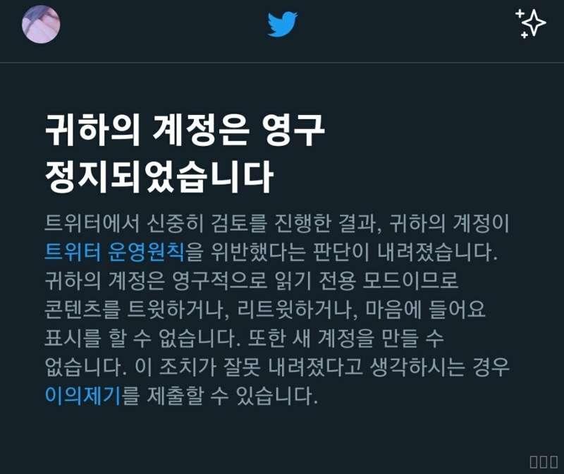 평소처럼 자기전에 트위터 접속하는데 정지당했길래 실수로 잘못 정지된줄 알고 이의제기 누르고 운영자님께 메일 ..