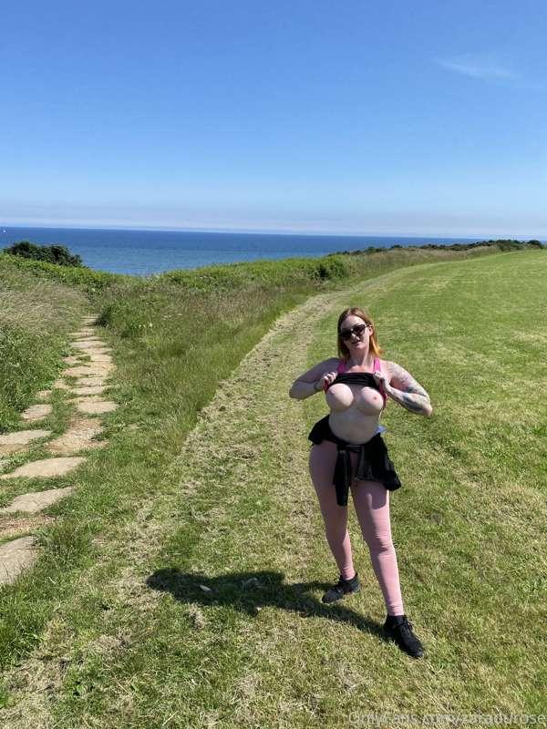 Walked to the top of a cliff today. Had to flash my tits 😜😜😜