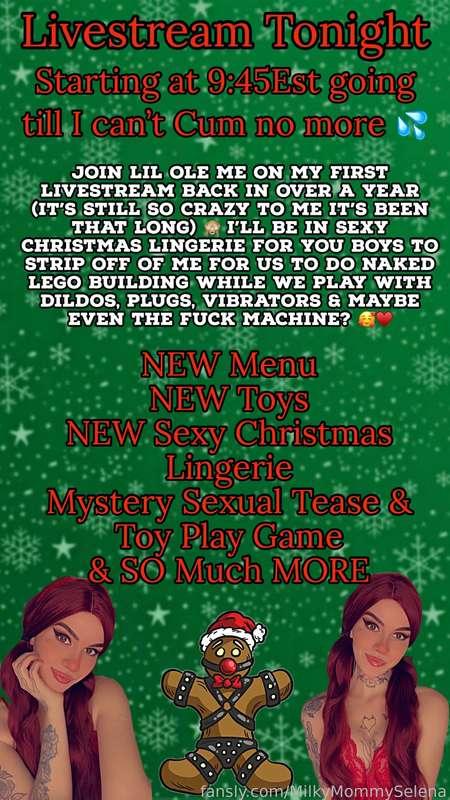 🎄♥️🚨 𝐿𝐼𝒱𝐸𝒮𝒯𝑅𝐸𝒜𝑀 𝒯𝑜𝓃𝒾𝑔𝒽𝓉! 🚨♥️🎄 

ITS TIMEEEE!! Your lil Cumslut Camgirl is back babies🙈♥️I’ll be going live with  ALL of my toys (Over 70) tonight for the first time in OVER a year🫢 I’ll have lots of NEW goodies tonight along with NEW prizes in our mystery toy play box 😍💦 

AIMING to be on around 9:45/10:15 Est 

Side comment~ I did just have dental work done 3 days ago so I am a littleee sore &amp; swollen still so if I mess up a few words or my right side looks a lil puffy that’s why I should be back to normal by next week 💗 

#fyp #live #camgirl #livestream #fetish #slut #kink #taboo #stream #dildo #alt #usa #young #nude #masturbate #sexy #hot #nsfw #legalteen #mommy #cute #smol #amateur #new #xmas #naughty #pale #emo #goth #gothgirl #mistress 