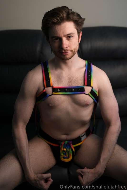 Happy Pride Everyone! I’m feeling sexy in this rainbow harne..