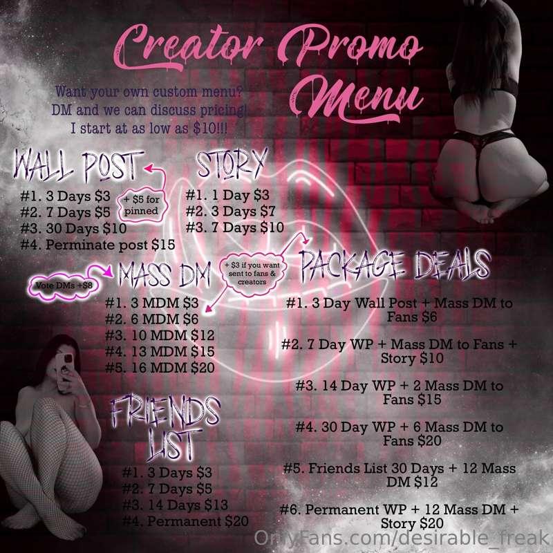 Creators!!
I’ve got a promo menu up now as well 👏
Please don..