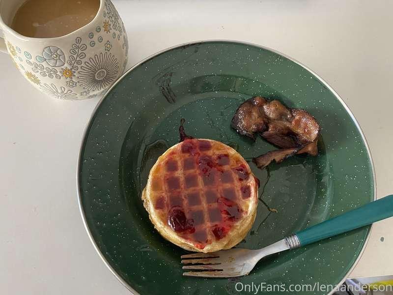 Homemade waffles w almond butter & preserves, applewood smok..