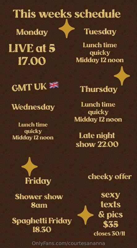 This weeks schedule … Love you 😍 🫵🏻 to come join me 