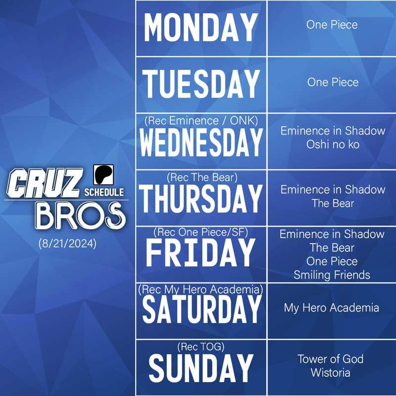 Cruz Bros Weekly Patreon Schedule (8/21/2024)