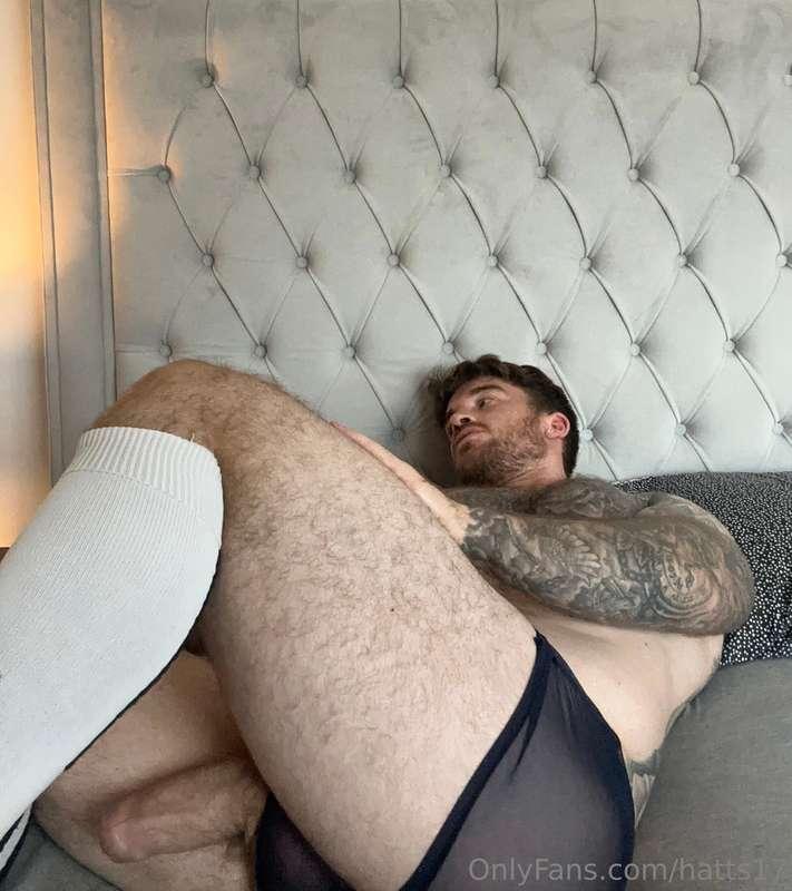 Leaning back letting my thick cock slip out these mesh trunk..