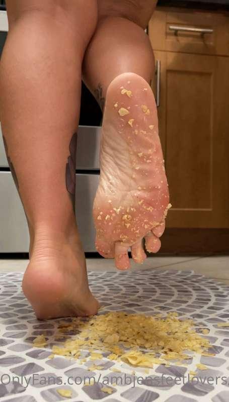 Eating and crunching chips with my feet! 10 pics and 1 video..