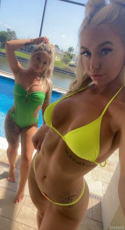 Bikini Day!!  Do you like our bikinis??😈💚💛