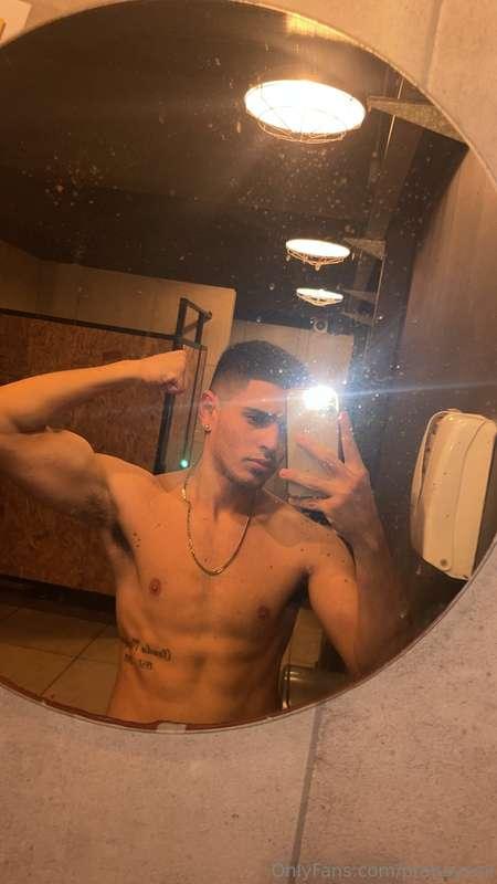 Posing all sweaty in the gym restroom after a hard workout. ..