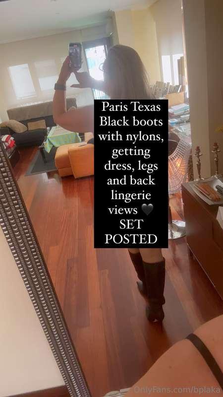 Paris Texas Black boots with nylons, getting dress, legs and..