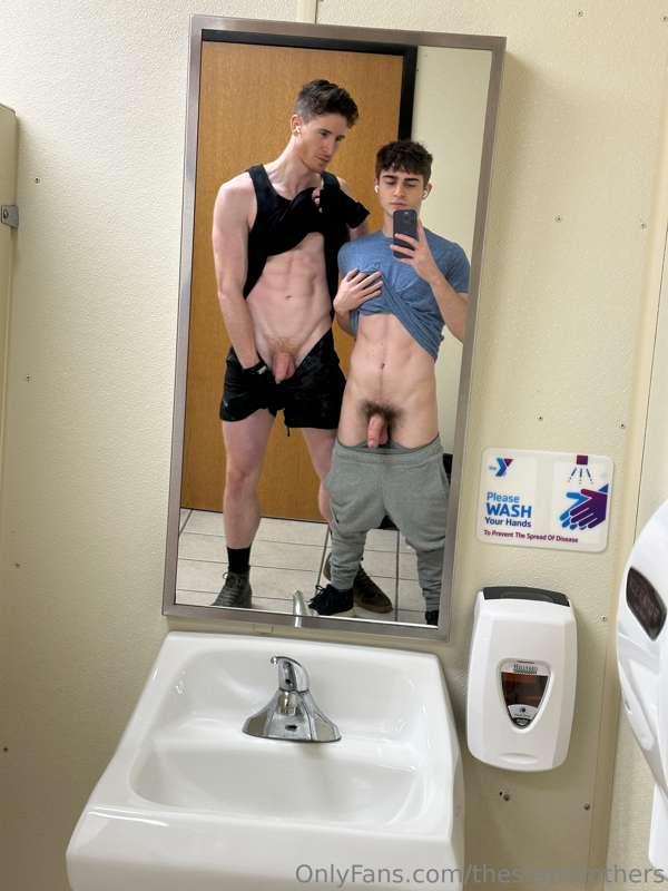 Comparing our cocks in the gym bathroom, would you join if y..