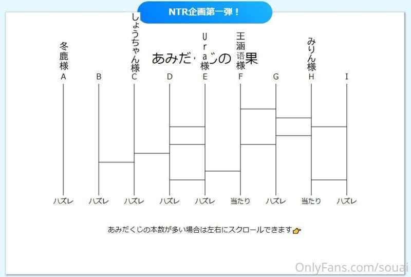 💟寝取られ企画第一弾💟

あみだくじ当選発表をします🎉

見学していただける方は
【Ura様】
【王涵语様】

のお二人..