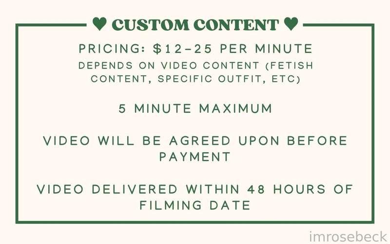 ❤️ Customs are closed ❤️

I will be filming custom video orders on Wednesday October 16th, and they will be delivered by Friday the 18th.

If you are interested in reserving a spot, please send me a message! In your message please include what exactly you're wanting in the video (concept, outfit, toys, dialogue, etc.).
The video will be agreed upon by us both before you send the payment. Payment is required up front, however you may send the full amount minus $1 if you'd like me to send the video as a $1 PPV, so it can be in your purchased folder.

I will update this post when spots are sold out. Please let me know if you have any questions!! ❤️