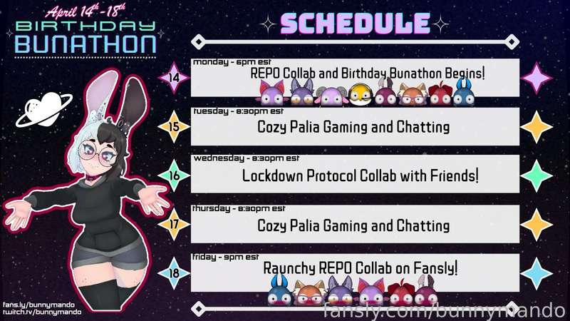 ✨BIRTHDAY BUNATHON SCHEDULE✨

the festivities begin on my birthday TOMORROW 4/14 at 6pm est! 💖 

i am so excited to hang out, play games with friends, and have a frisky fun time with a huge REPO collab HERE on friday! see you soon! 🐰🖤

#vtuber #lewdtuber #buntuber #bunnygirl #brat #freckles #glasses #gamer #nerd #thicc