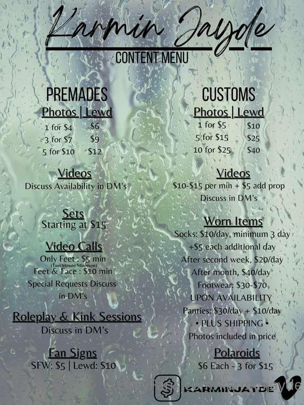 •𝗨𝗣𝗗𝗔𝗧𝗘𝗗 𝗠𝗘𝗡𝗨•

Depending on type on custom content, pricing..