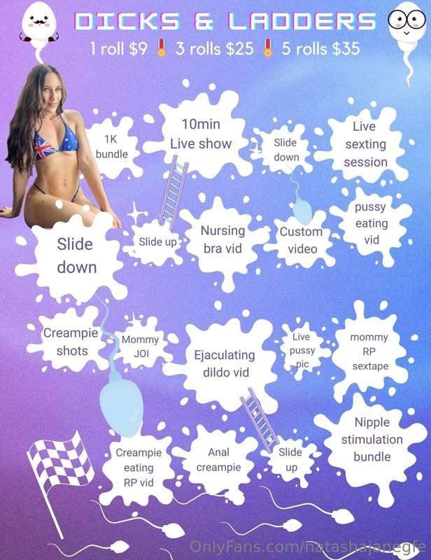 🌟 Let’s play DICKS & LADDERS 🌟

🎲 1 roll - $9
🎲 3 rolls - $2..