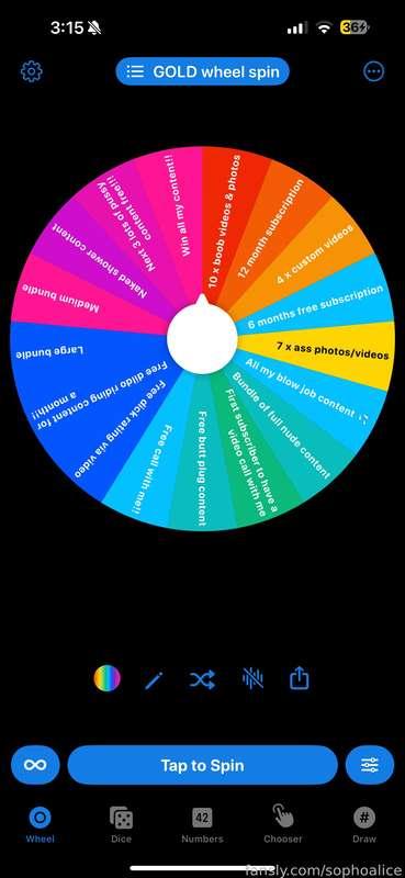 WHEEL SPINS!!! 
Tip me 
$5 bronze 
$10 silver 
$25 Gold 
If you spin the gold wheel you might win the free video call with me or a 12 month free subscription 