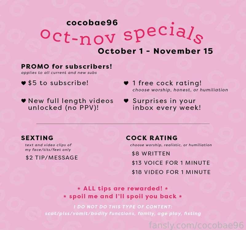 hey everyone~💕

i'm having a crazy sale! only $5 ❤️

if you sub everything on my feed oct 1-nov 15 will be unlocked! that means no PPV! you also&nbsp;get 1 free (1 min video) cock rating during this time. i can't wait to see your hard, juicy cocks in my inbox 😈

no custom full nude content or full nude sexting until further notice. 