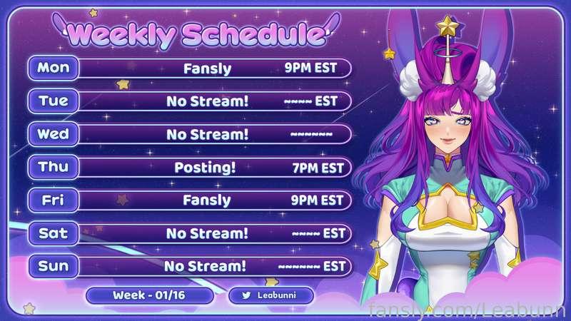 Schedule for this week! Friday won the poll! See you then. ;)