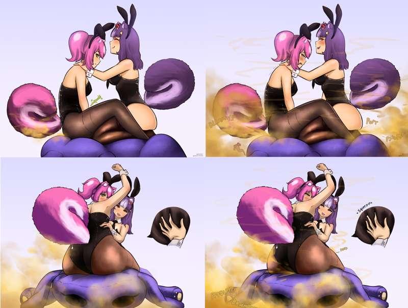 Special year of the rabbit collaborative illustration - Lolite and Fiona in bunny suits farting on big plushie
