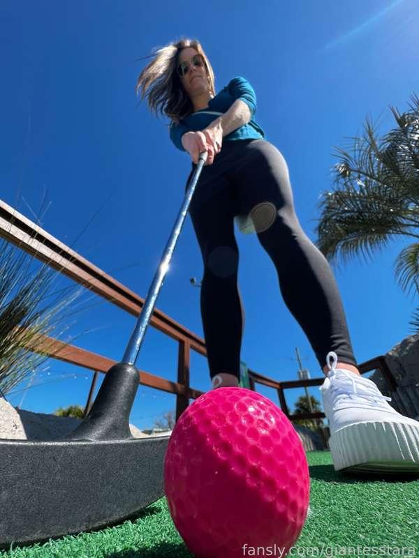 Just some fun from the weekend. Don't you love when I allow you to come to my day trips? It is a little risky for tinies... #giantessgolf #shrunkenpov #reallifegiantess