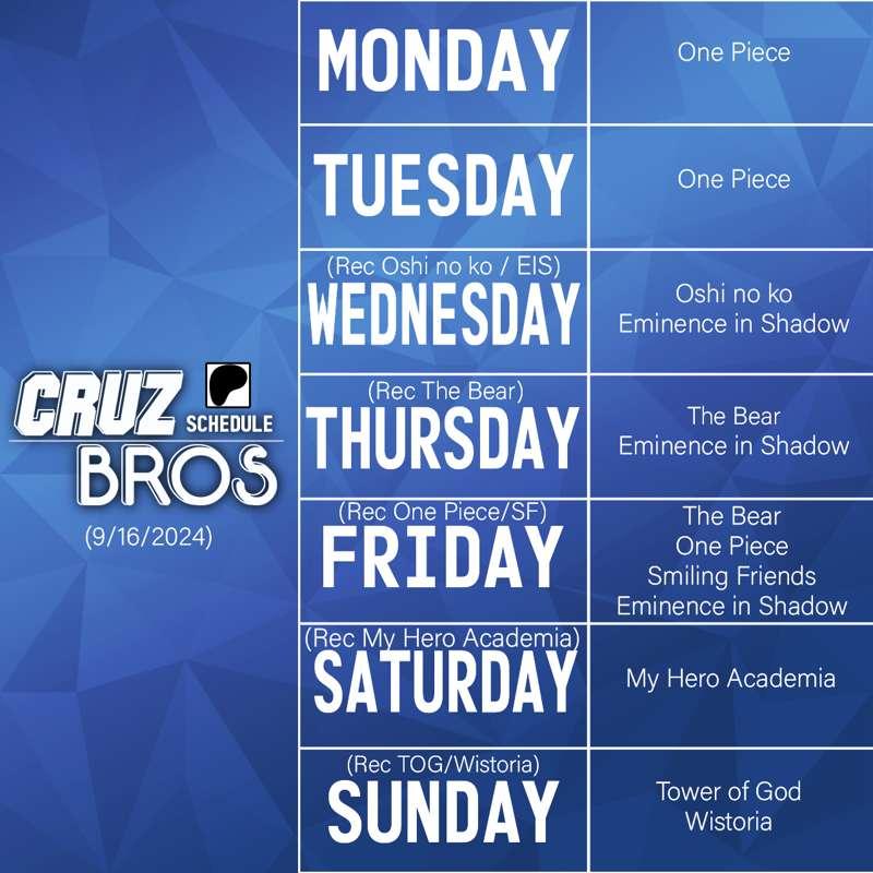 Cruz Bros Weekly Patreon Schedule (9/16/2024)