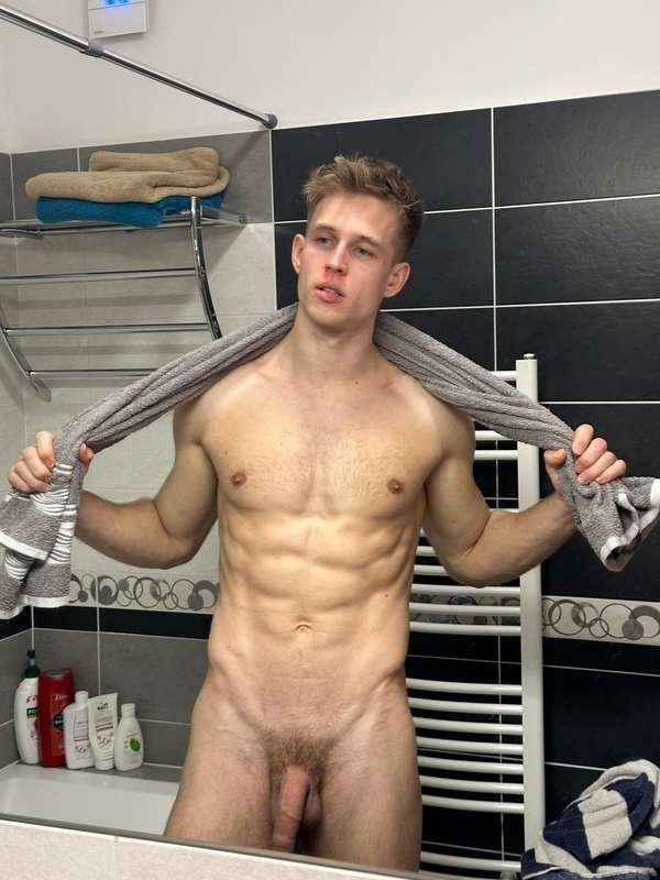 With my towel hanging loose and this big fat cock out on dis..