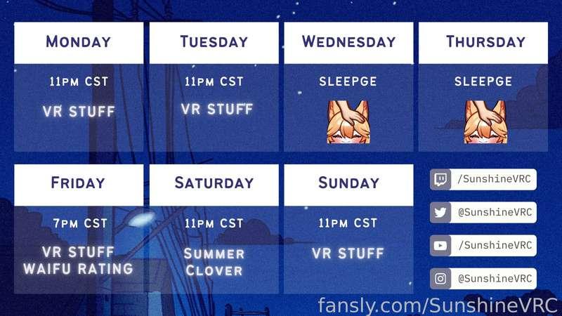 SCHEDULE FOR THE WEEK! 

Yes, I'm doing more Fansly stuff cause it's fun :3

Expect 4-5 days a week of streams and other content! WEEEEEEEEE

#fyp #vtuber #lewdtuber #vr