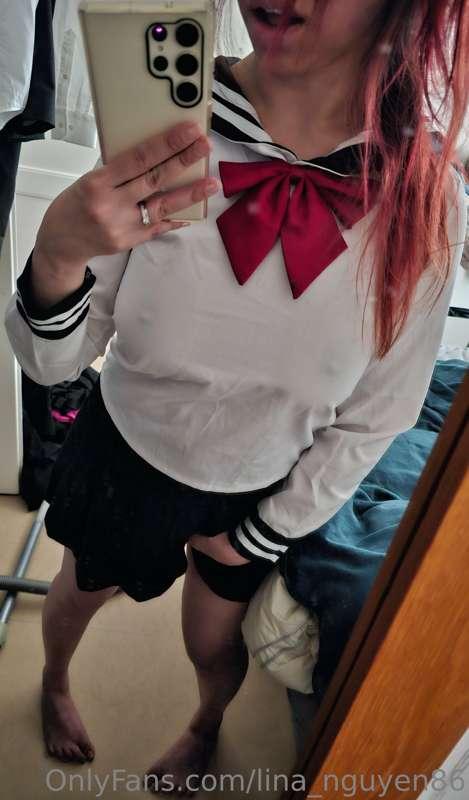 Trying on my old japanese schoool girl outfit with no underw..