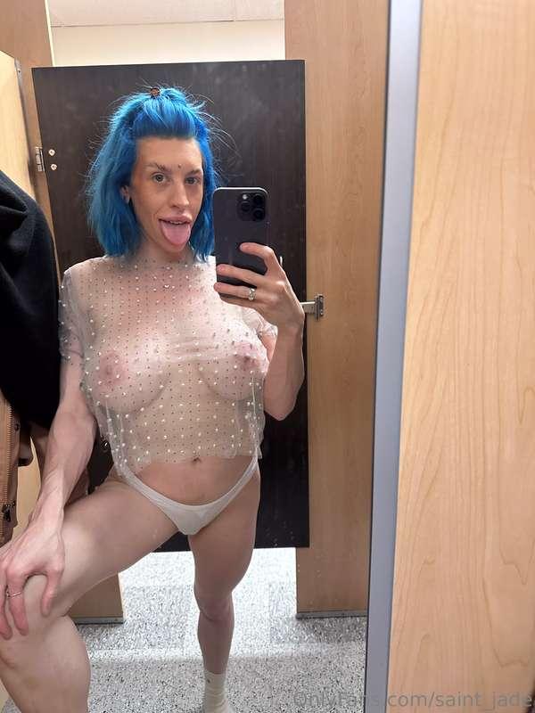 This fitting room was very small but my pussy got wet at the..