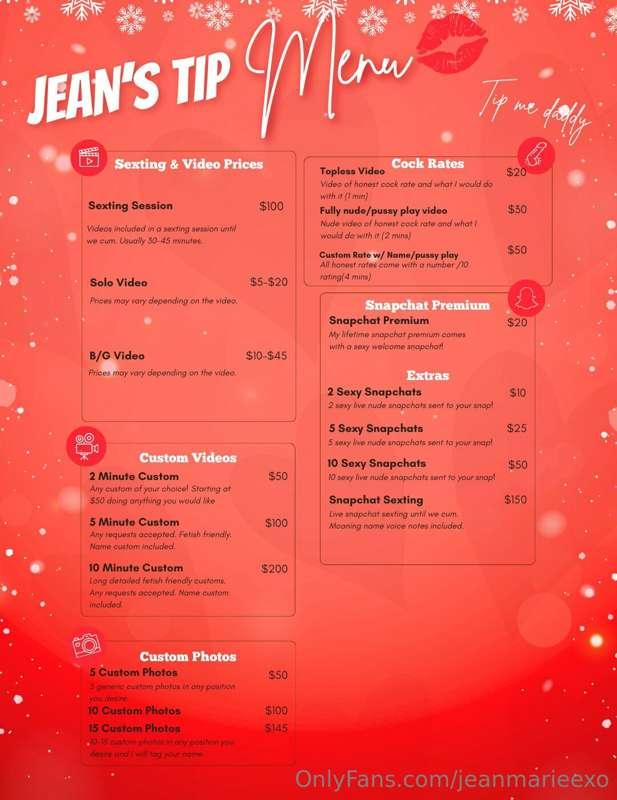 My updated Tip Menu🥰 Tip for whatever you want then DM me!