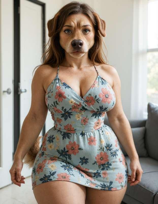 Curvy Dog Girl in a Floral Dress