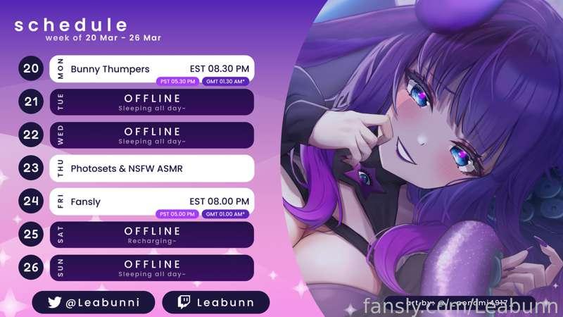 Schedule this week!! I'm baaacck.