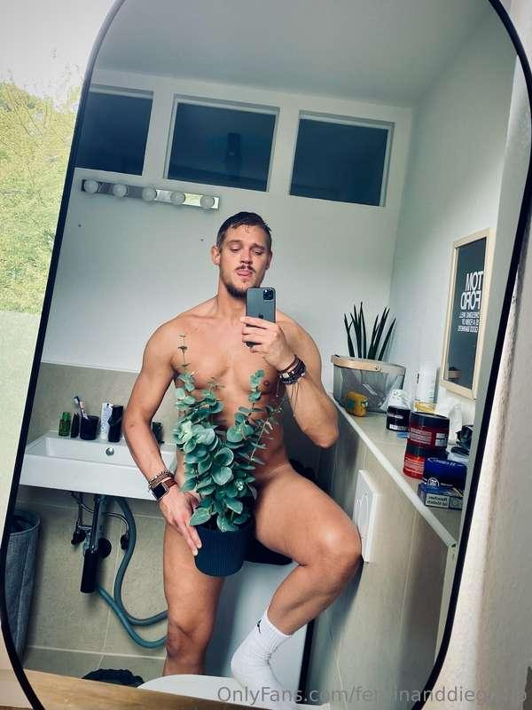 Naked in the bathroom with just this pot of eucalyptus to co..