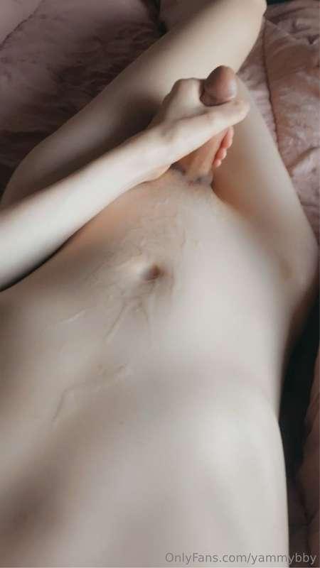Who's licking up my cumfilled belly button?