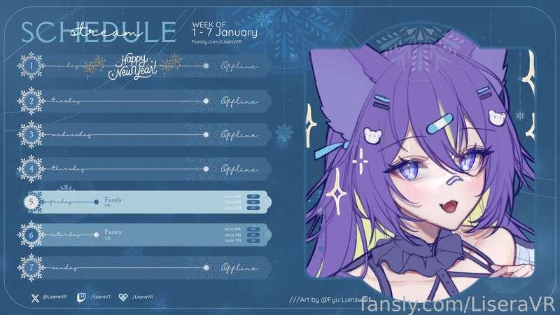 This weeks schedule 💙

❆Twitch: https://twitch.tv/liseravt
❆Twitter: https://twitter.com/LiseraVR
❆Discord: https://discord.com/invite/JjtuxR9d9q
❆All links: https://lisera.carrd.co