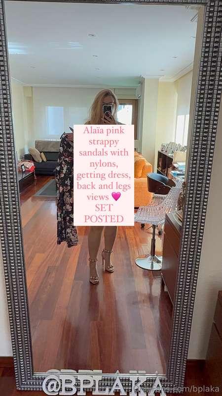 Alaïa pink strappy sandals with nylons, getting dress, back ..