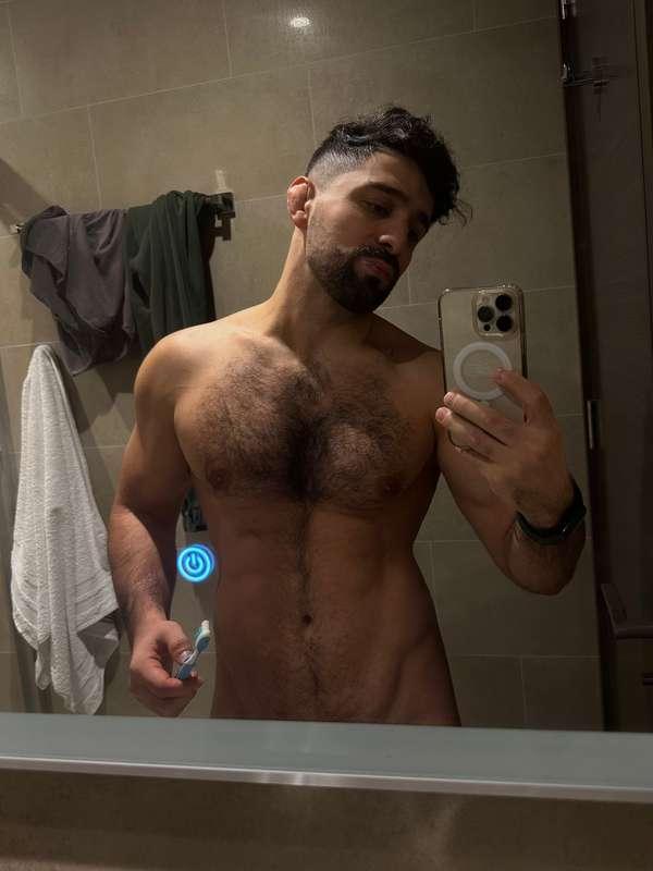 Brushing 🪥 #fitguy #hairychest #beard #abs #shredded #bear