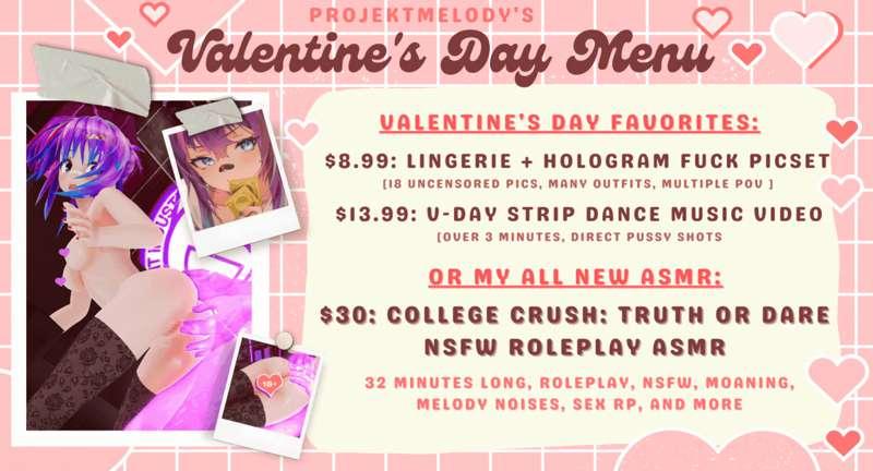 valentine's day may be over, but im still feeling the love (ღ˘⌣˘)♥ to keep the holiday spirit going [cuz who wants to be stuck doing date night on a tuesday right?] here's a special little menu with some of my best valentines day videos, plus my new ASMR! if u havent seen it yet, you can scroll down to see a little preview of it cuz its seriously one of my favs ♥  a little roleplay never hurt anyone, right? ;3 
#vtuber #hentai #waifu #animegirl #roleplay #asmr #vshojo #projektmelody