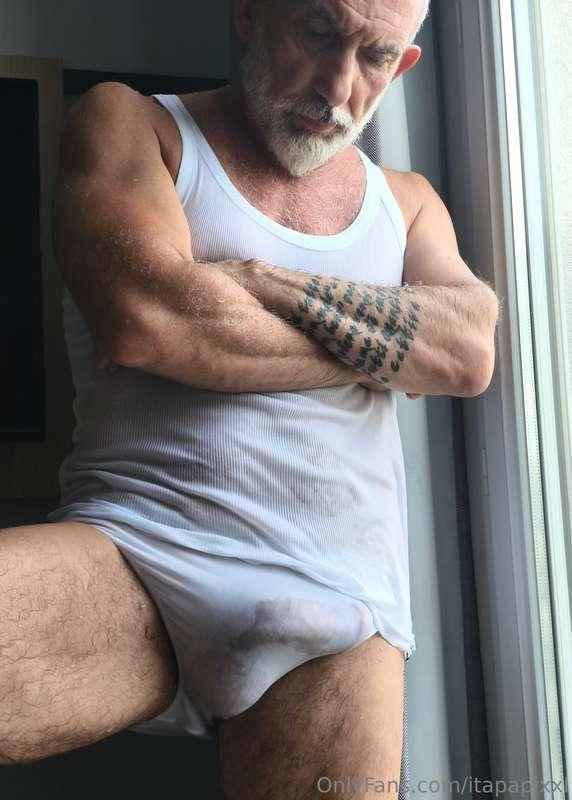 In wet white underwear. The sausage can't be hided 🫣